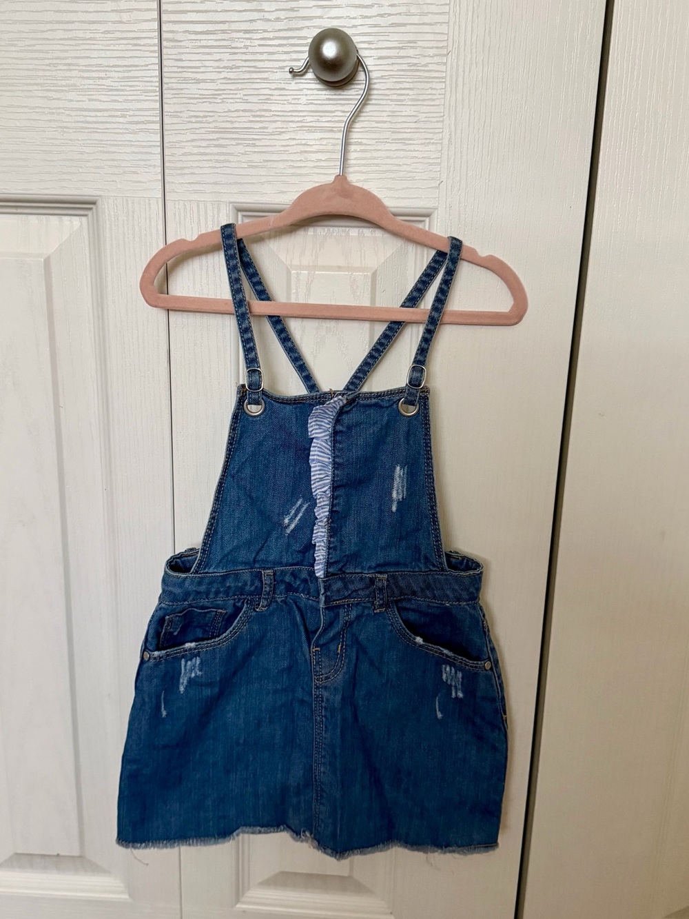 Zara Blue Denim Overall Skirt with Ruffle Trim